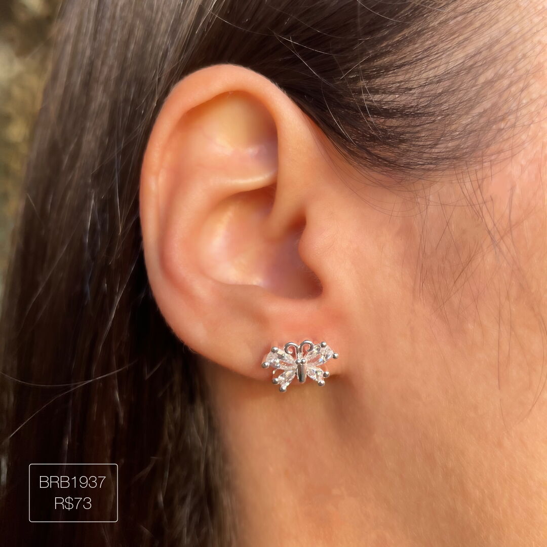 Brinco de Borboleta c/ 4 Gotas Cristal Prateado